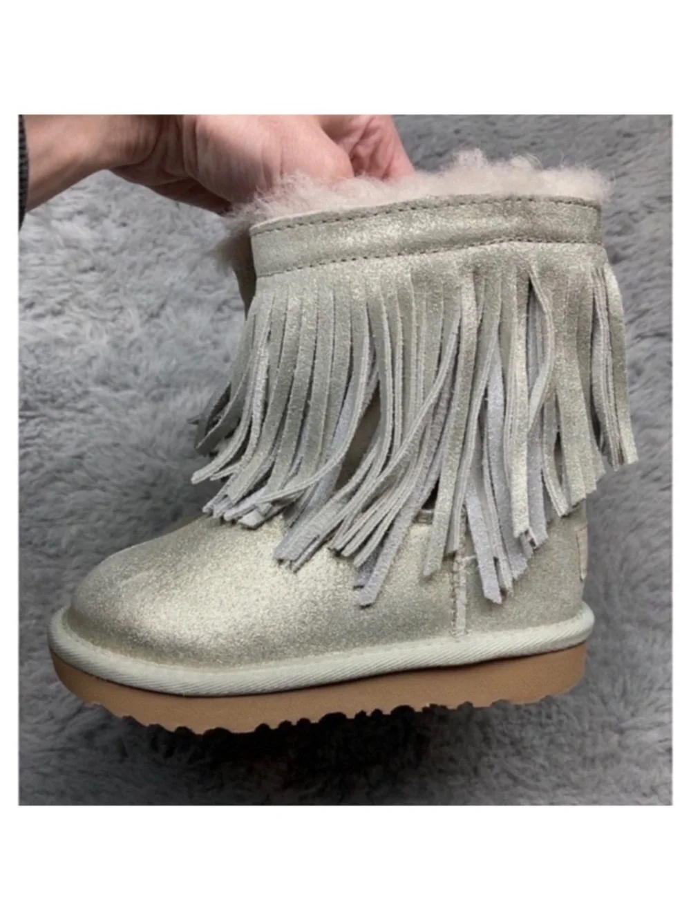 Ugg classic short II genuine shearling metallic fringe booties